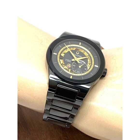 Bulova Men's Watch 98A291 Millennia Automatic Skeleton Gold Black Dial Ceramic - Picture 6 of 14